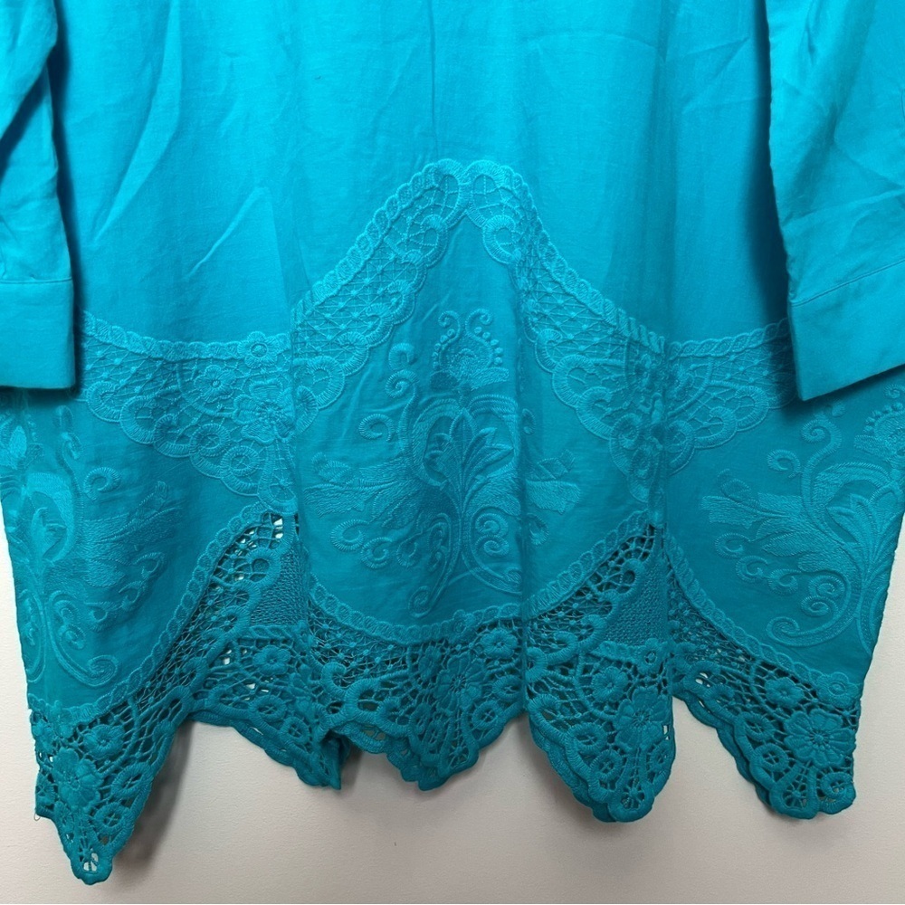 Chico's Turquoise Scalloped Embroidery Lace Cotton Tunic Top Classic Chic NEW - Picture 11 of 14